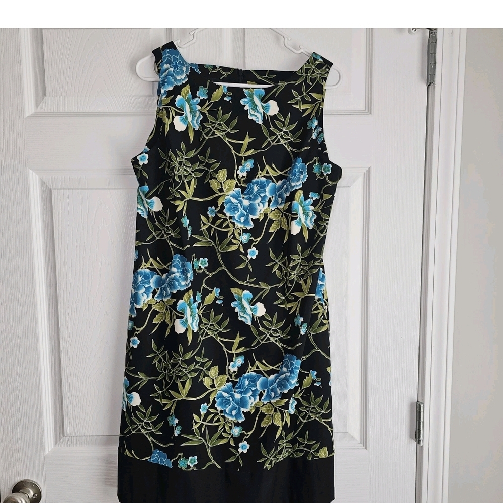 Amy Byer AB Studio Womens 14 Sleeveless Dress Straight Black Blue Print Stretch
